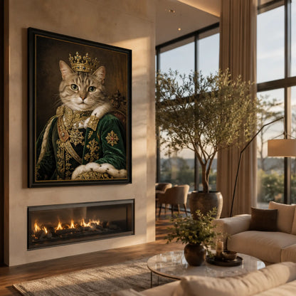 Custom royal cat portrait printed on premium canvas, showing a cat dressed in regal attire with a crown, hung as luxury wall art above a living room sofa.