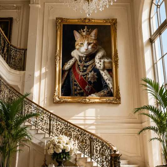 Custom royal cat portrait printed on premium canvas, showing a cat dressed in regal attire with a crown, hung as luxury wall art above a living room sofa.