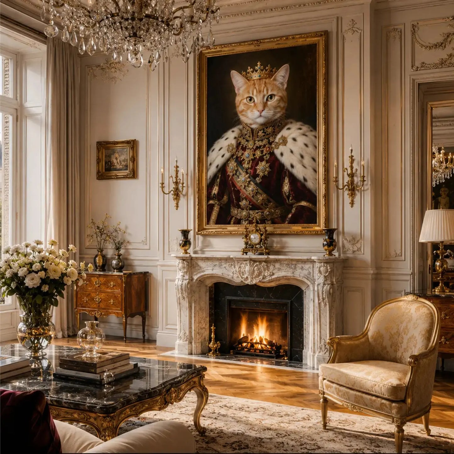 Custom royal cat portrait printed on premium canvas, showing a cat dressed in regal attire with a crown, hung as luxury wall art above a living room sofa.