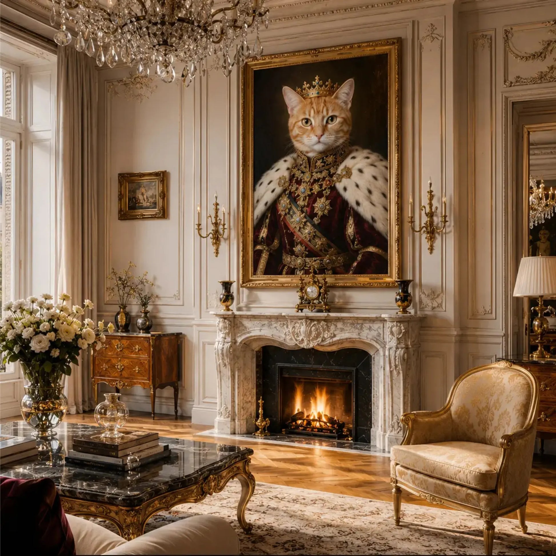 Custom royal cat portrait printed on premium canvas, showing a cat dressed in regal attire with a crown, hung as luxury wall art above a living room sofa.