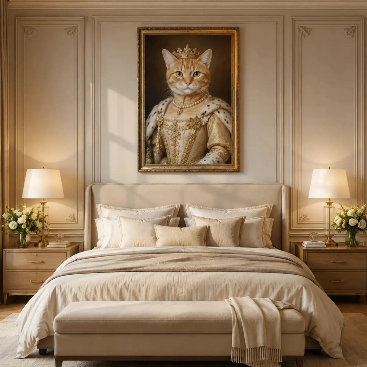 Custom royal cat portrait printed on premium canvas, showing a cat dressed in regal attire with a crown, hung as luxury wall art above a living room sofa.