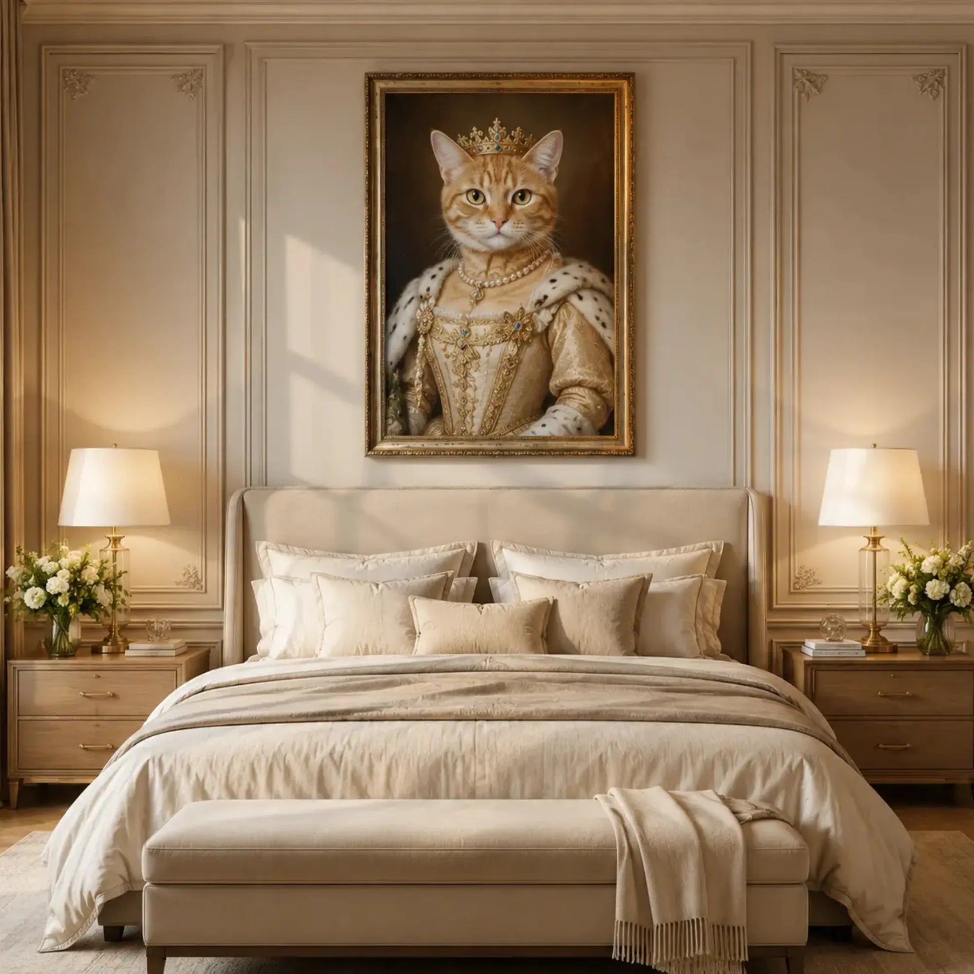 Custom royal cat portrait printed on premium canvas, showing a cat dressed in regal attire with a crown, hung as luxury wall art above a living room sofa.