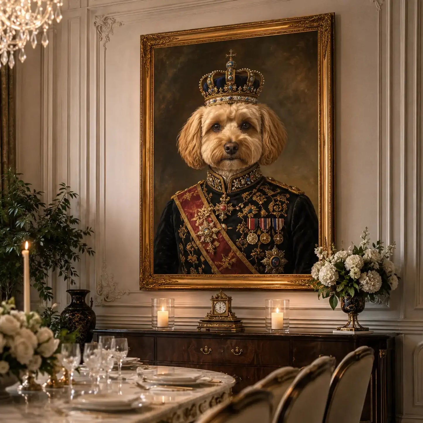 Custom royal dog portrait printed on premium canvas, showing a dog dressed in regal attire with a crown, hung as luxury wall art above a living room sofa.