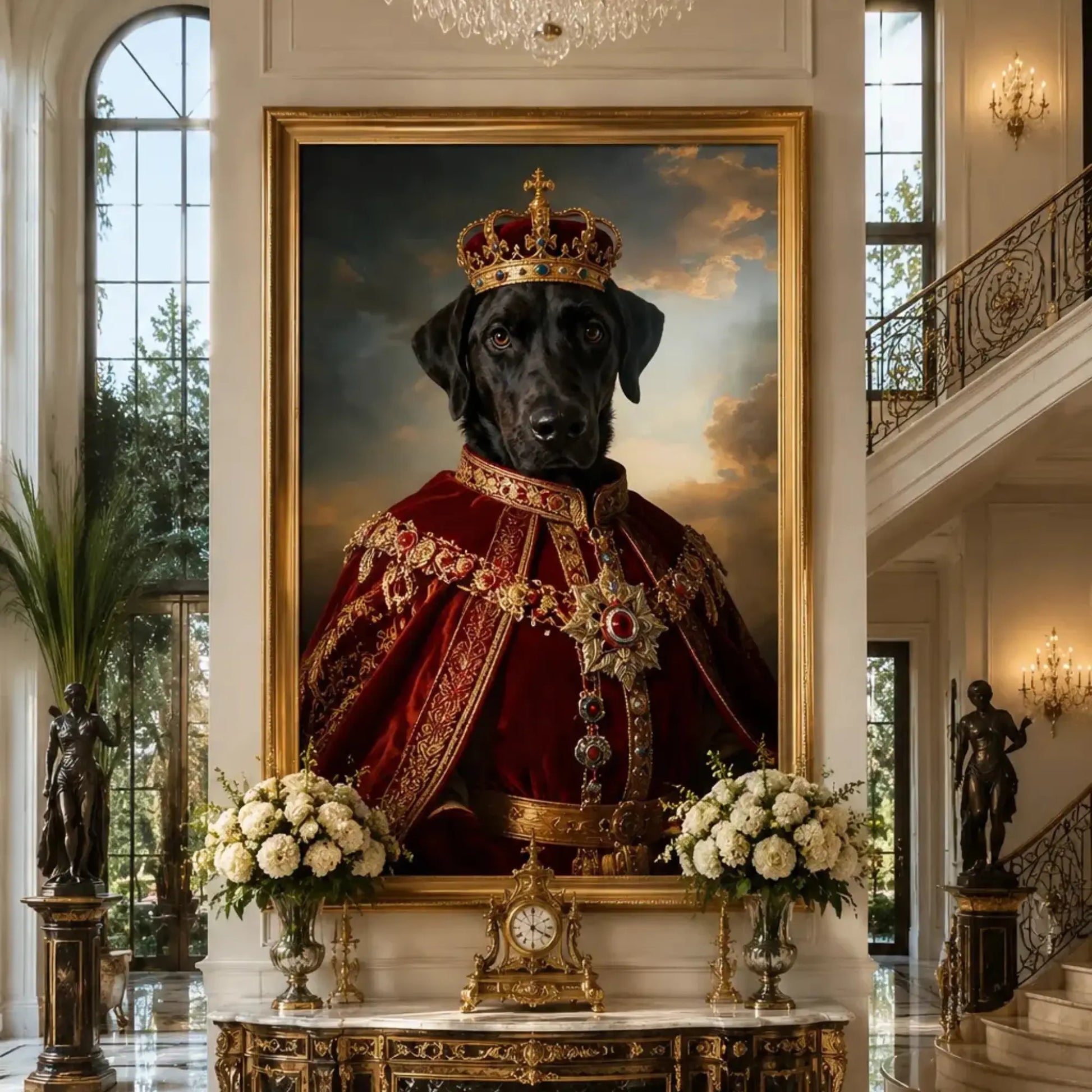 Custom royal dog portrait printed on premium canvas, showing a dog dressed in regal attire with a crown, hung as luxury wall art above a living room sofa.