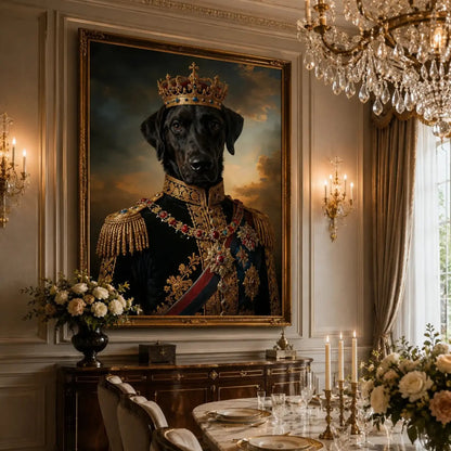 Custom royal dog portrait printed on premium canvas, showing a dog dressed in regal attire with a crown, hung as luxury wall art above a living room sofa.