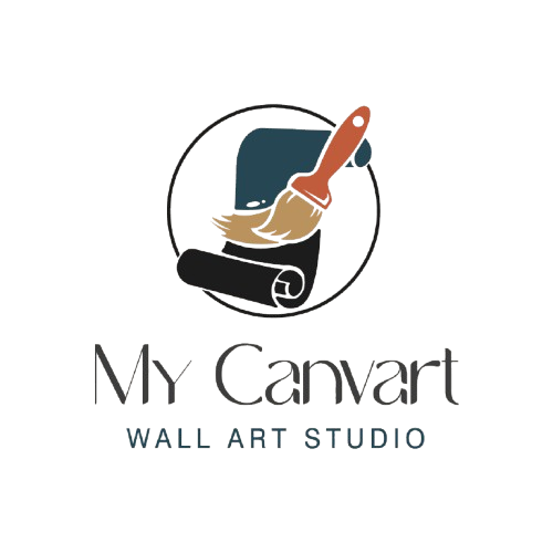 Logo of My Canvart Wall Art Studio featuring a paintbrush and scroll on a white background.