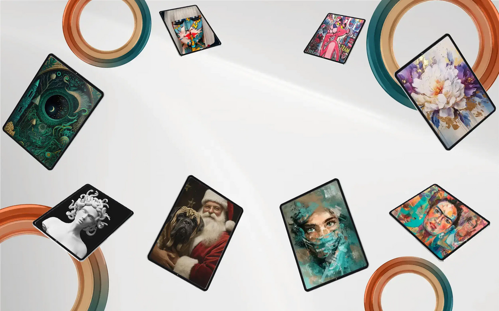 Colorful tarot cards arranged in a circle on a light gray background