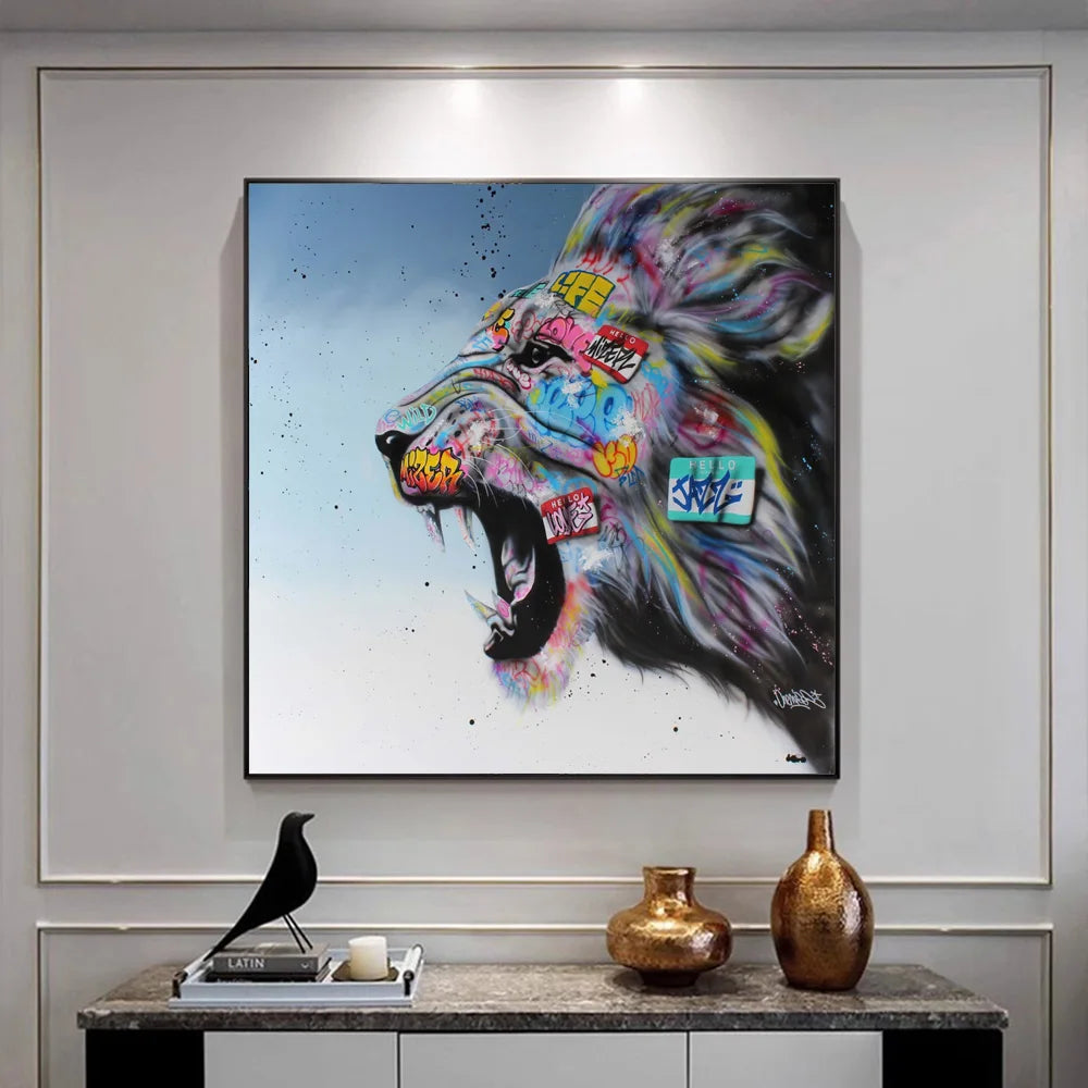 Abstract Graffiti Art Prints Lion Head Roaring Canvas Painting On Wall Decor Street Art Animal Posters For Living Room