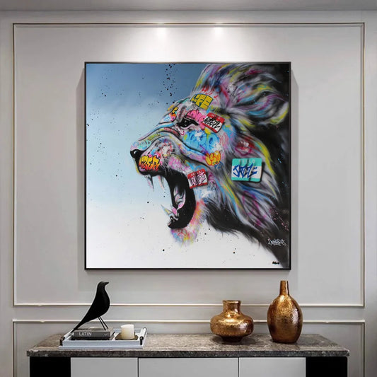 Abstract Graffiti Art Prints Lion Head Roaring Canvas Painting On Wall Decor Street Art Animal Posters For Living Room