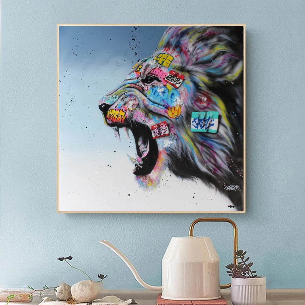 Abstract Graffiti Art Prints Lion Head Roaring Canvas Painting On Wall Decor Street Art Animal Posters For Living Room