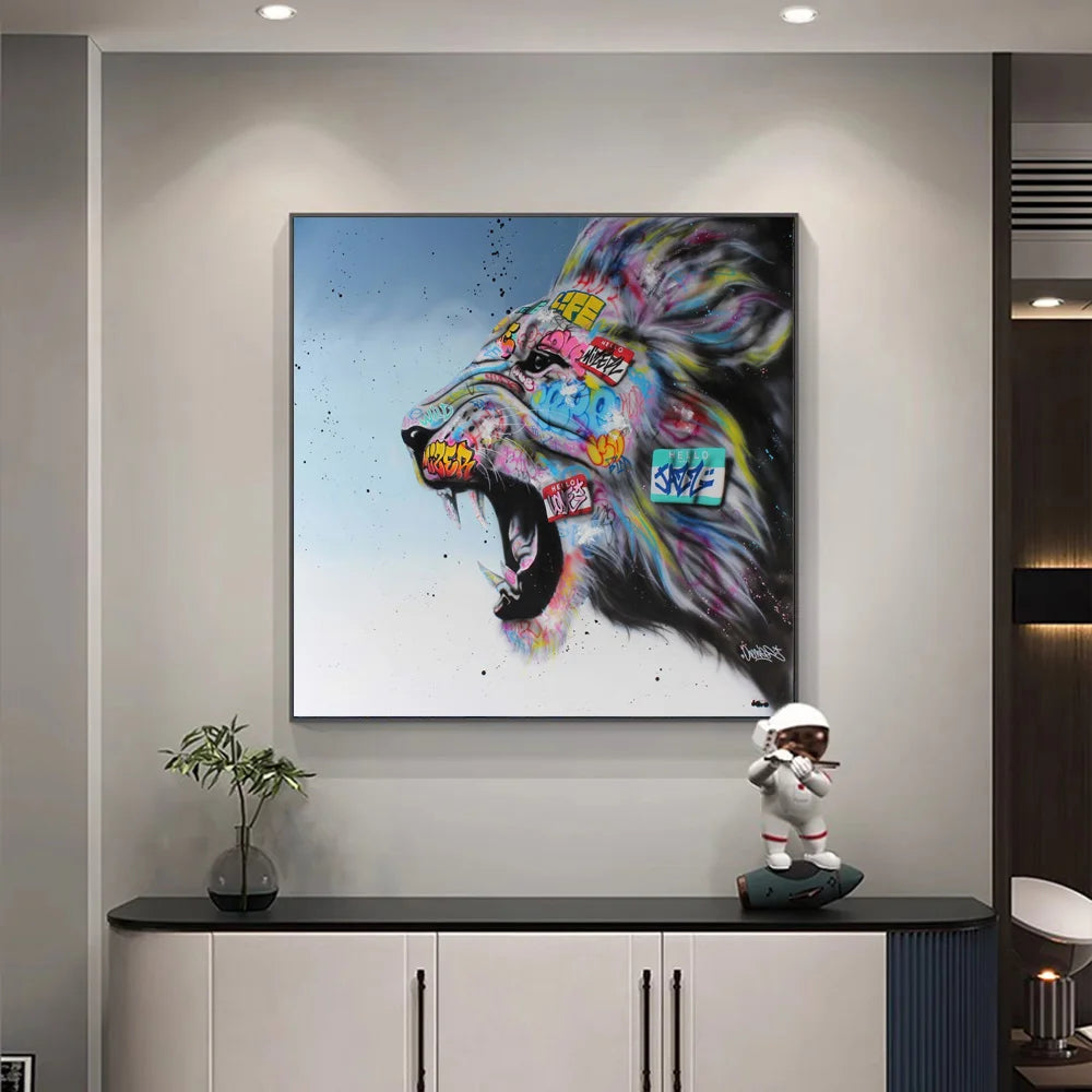 Abstract Graffiti Art Prints Lion Head Roaring Canvas Painting On Wall Decor Street Art Animal Posters For Living Room