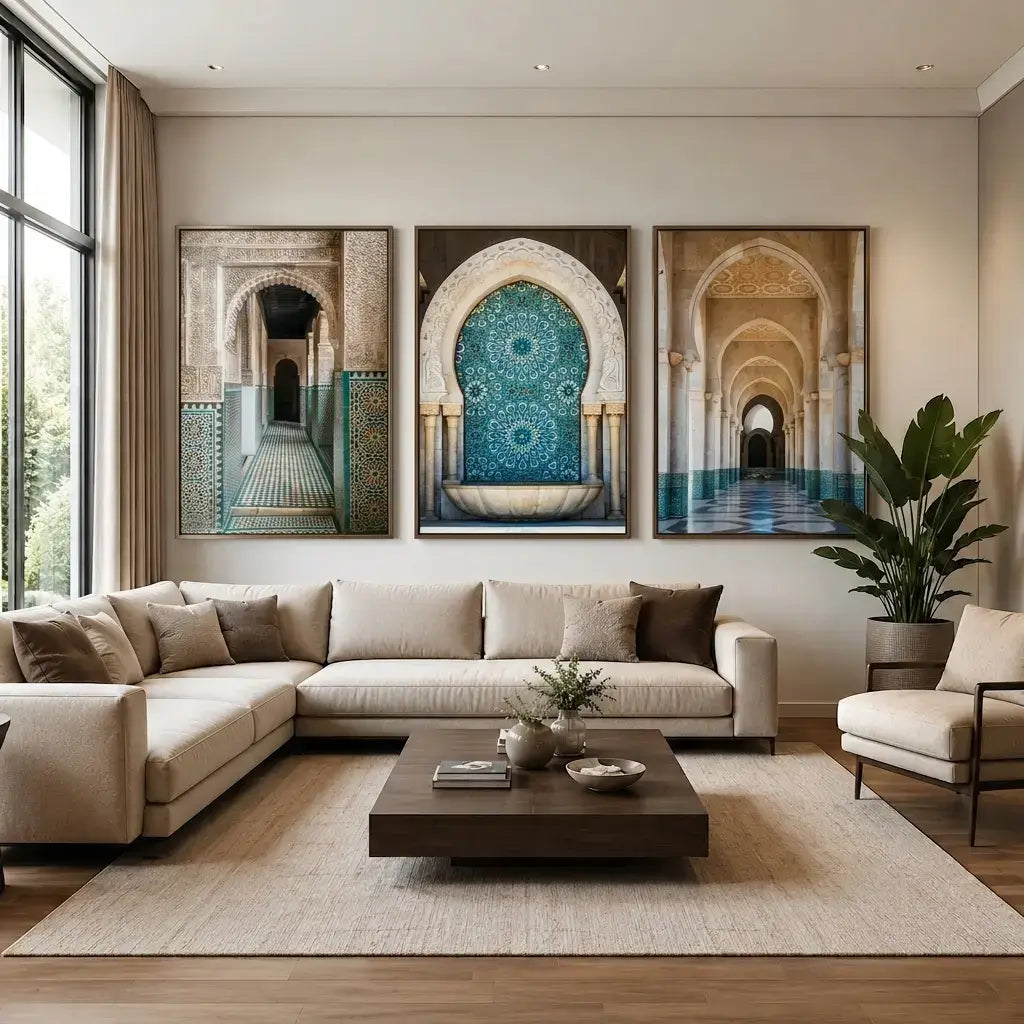 Living room with a sectional sofa, coffee table, and wall art depicting architectural scenes,canvas prints