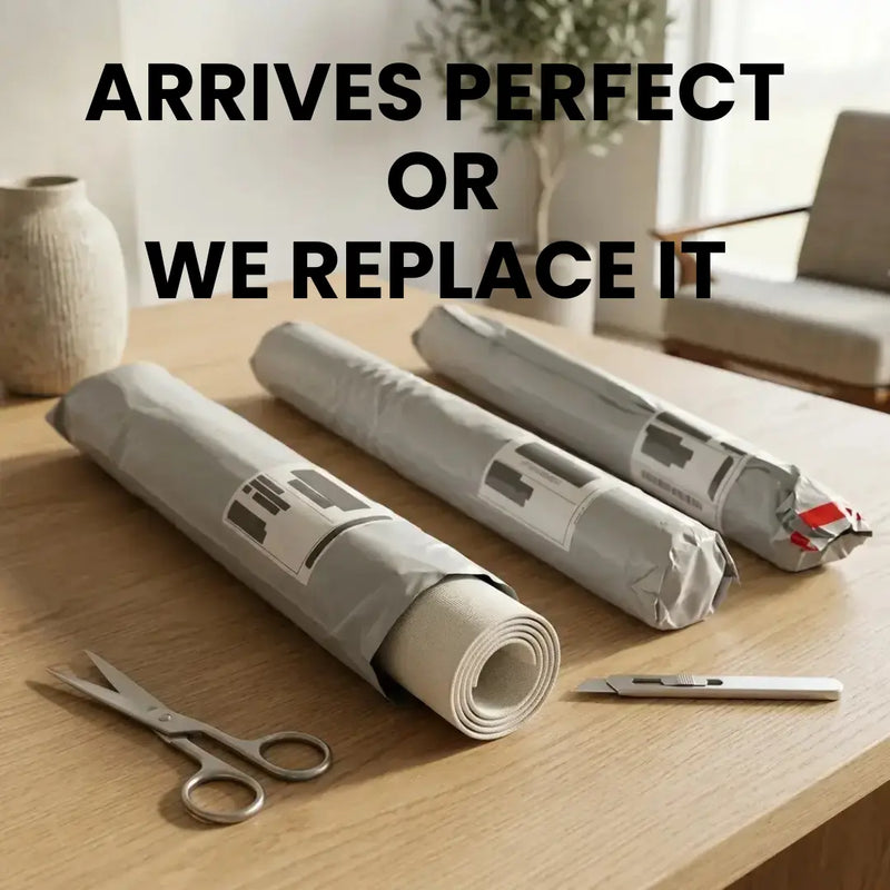Three rolls of paper on a wooden table with scissors and a knife, text overlay 'ARRIVES PERFECT OR WE REPLACE IT'.