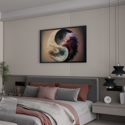 Abstract Yin and Yang art on canvas, depicting the yin and yang symbol with flowing clouds and celestial orbs, representing zen meditation.