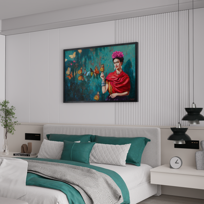Frida Kahlo art prints: Close-up portrait, artwork 344/2018, showcasing her famous art style. This Frida Kahlo wall art piece is perfect for fans of Frida Kahlo paintings and art Frida. Shop Frida Kahlo poster art.