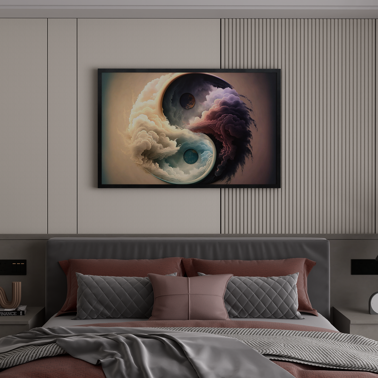 Abstract Yin and Yang art on canvas, depicting the yin and yang symbol with flowing clouds and celestial orbs, representing zen meditation.