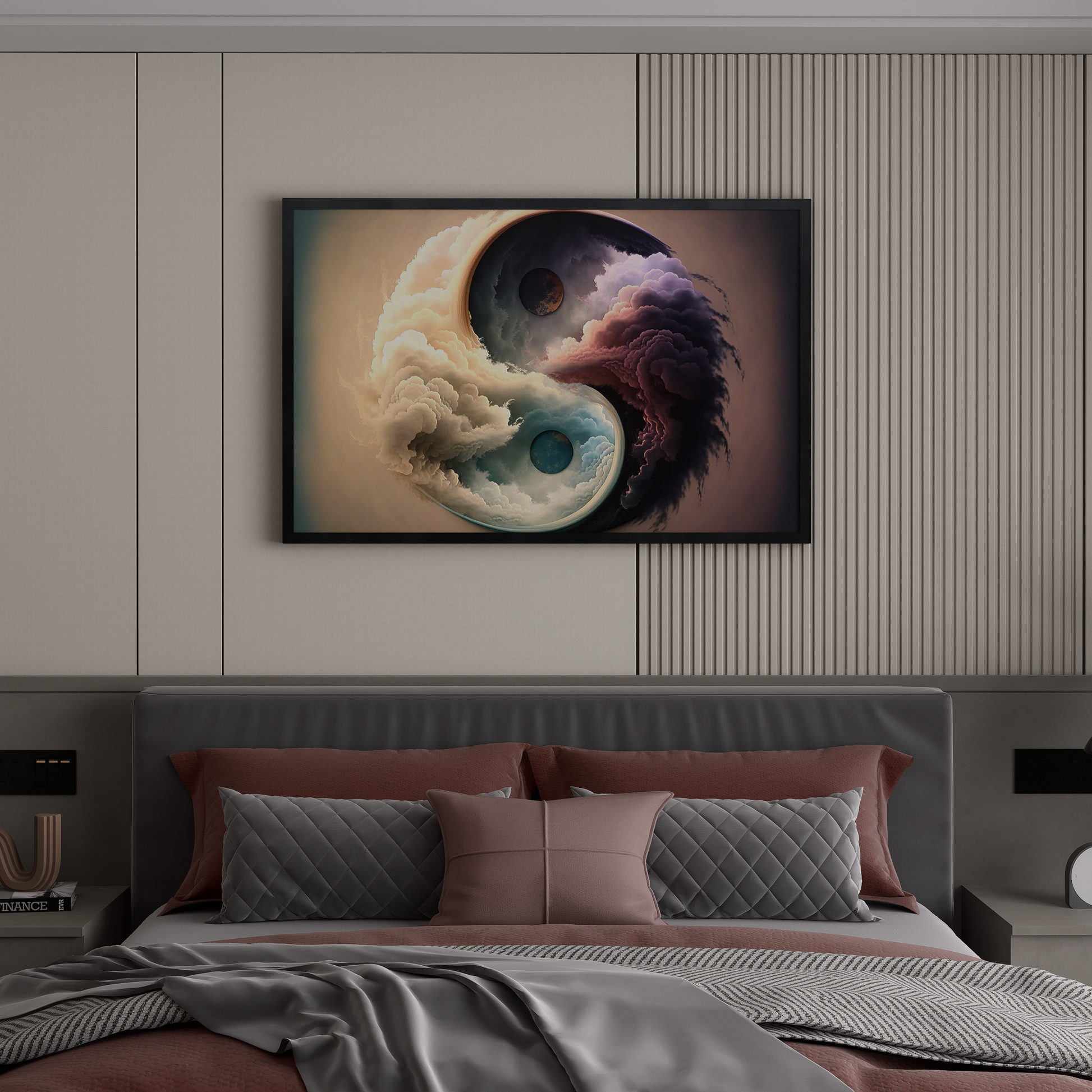 Abstract Yin and Yang art on canvas, depicting the yin and yang symbol with flowing clouds and celestial orbs, representing zen meditation.