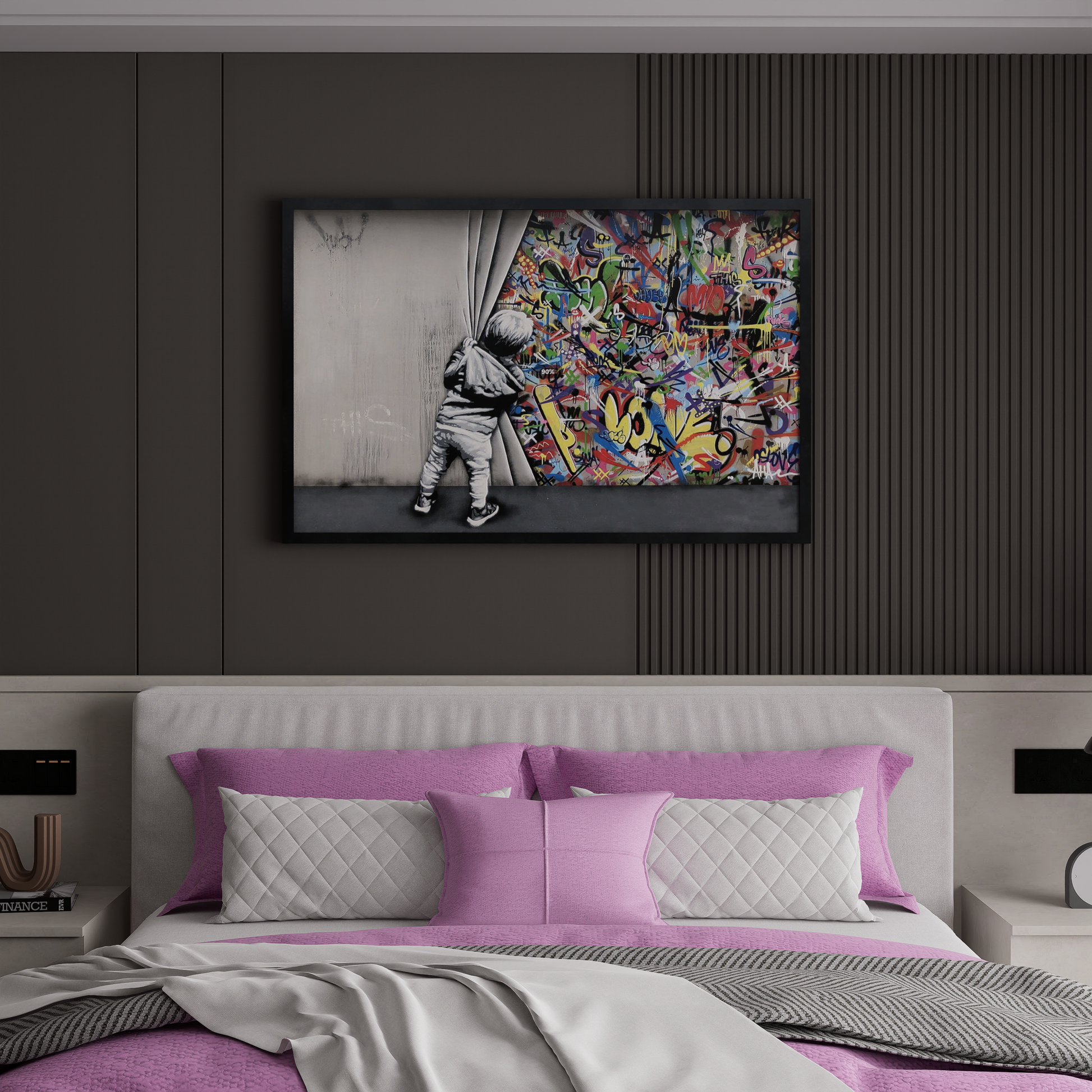Banksy style graffiti art canvas depicting a child pulling back a curtain to reveal vibrant graffiti art drawings on a wall.