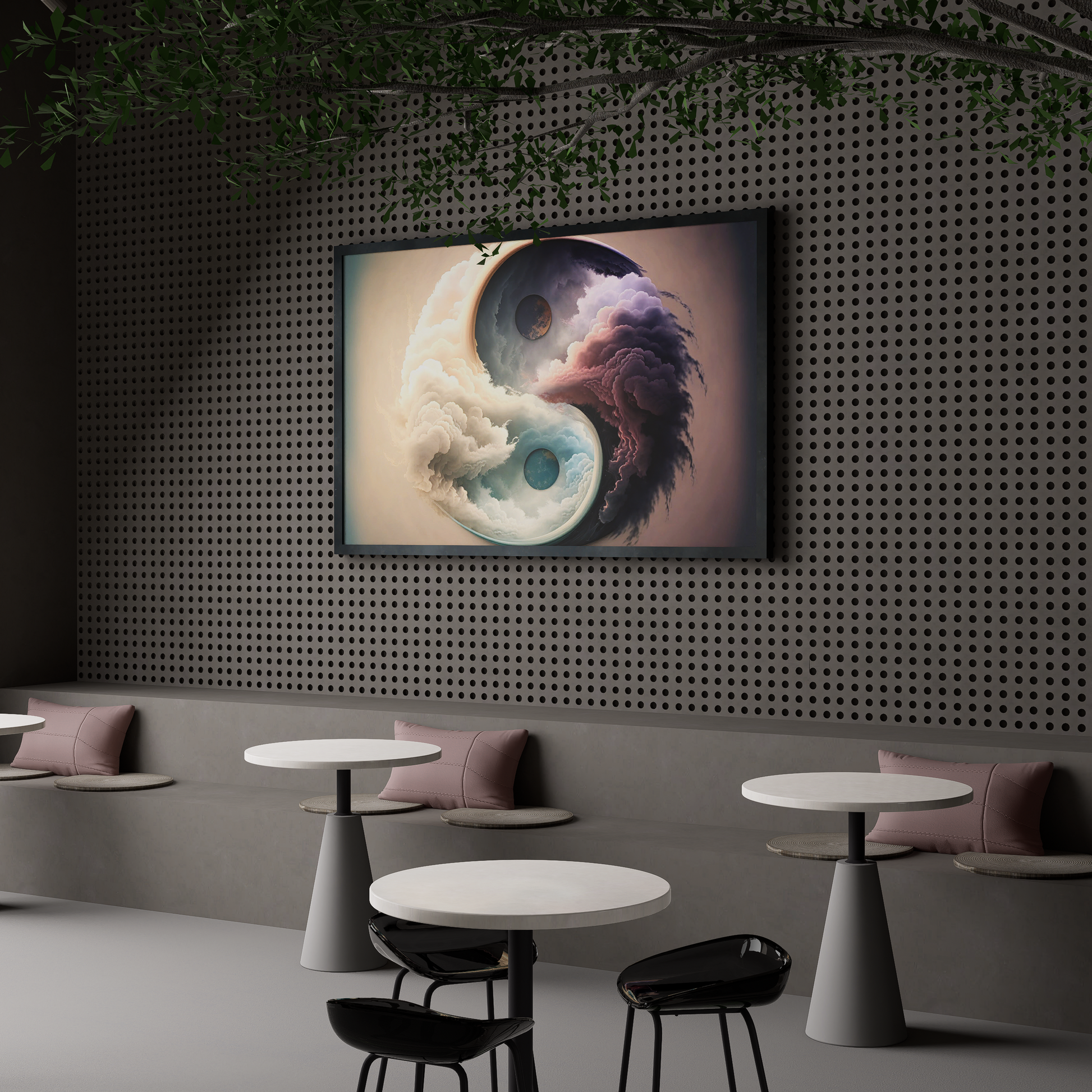 Abstract Yin and Yang art on canvas, depicting the yin and yang symbol with flowing clouds and celestial orbs, representing zen meditation.