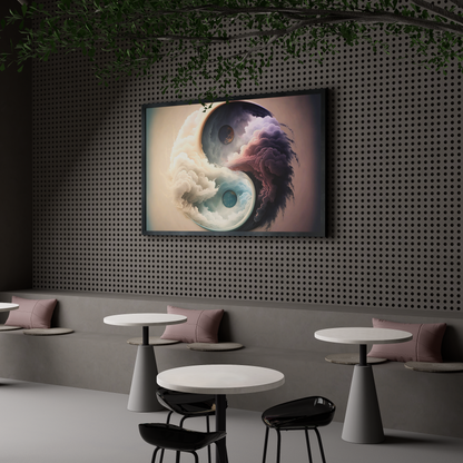 Abstract Yin and Yang art on canvas, depicting the yin and yang symbol with flowing clouds and celestial orbs, representing zen meditation.