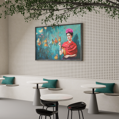 Frida Kahlo art prints: Close-up portrait, artwork 344/2018, showcasing her famous art style. This Frida Kahlo wall art piece is perfect for fans of Frida Kahlo paintings and art Frida. Shop Frida Kahlo poster art.