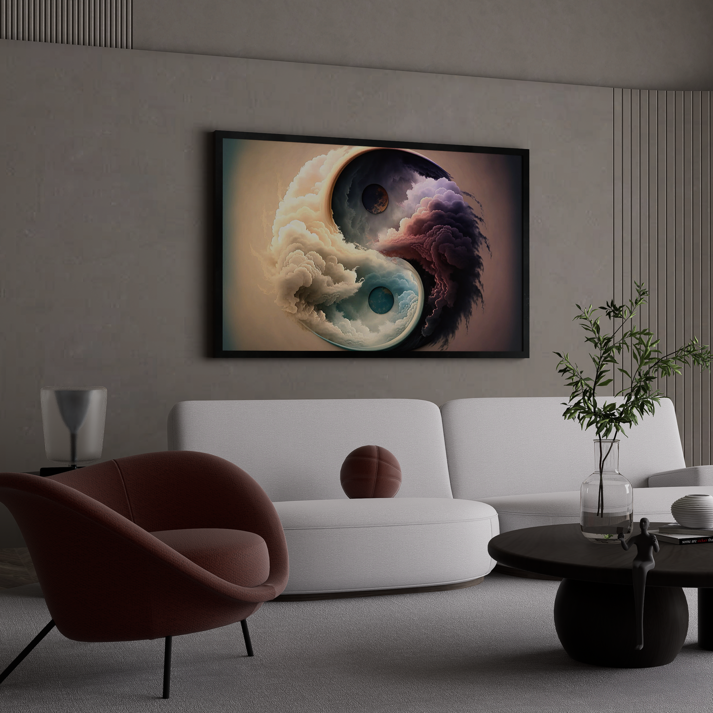 Abstract Yin and Yang art on canvas, depicting the yin and yang symbol with flowing clouds and celestial orbs, representing zen meditation.