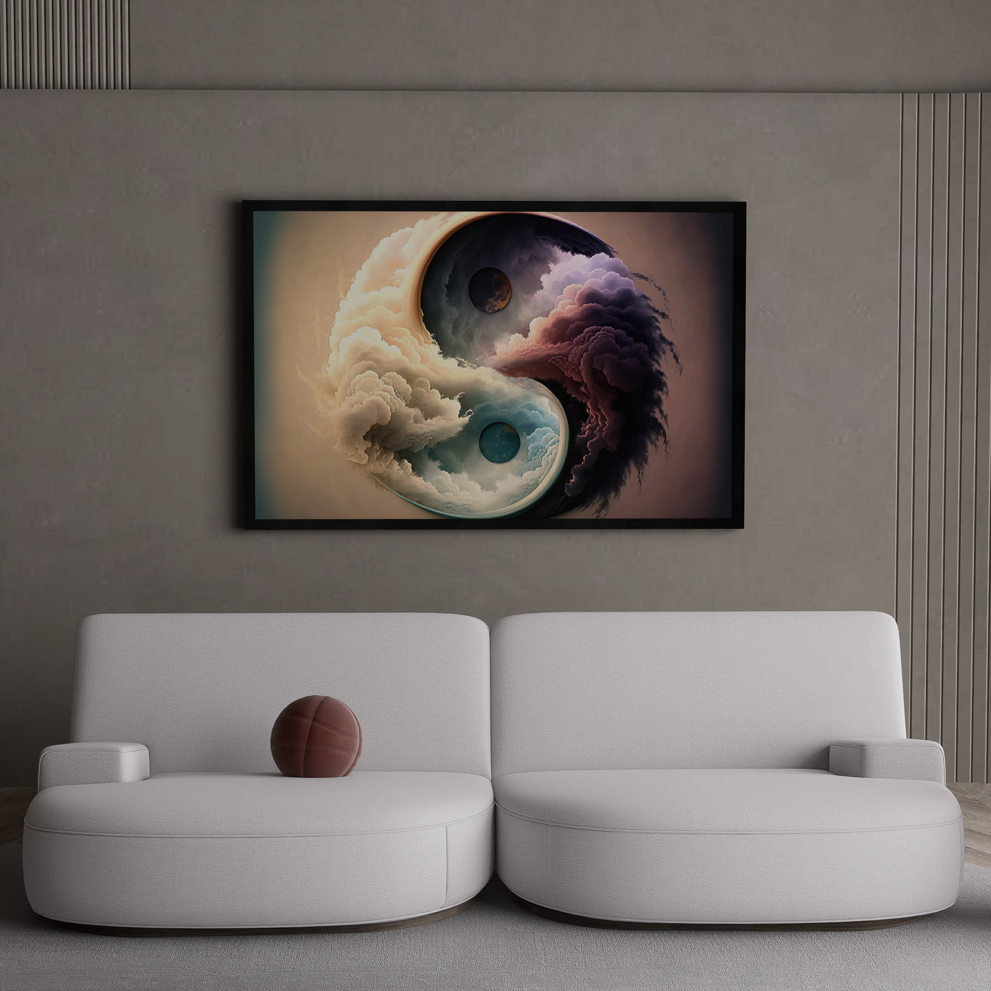 Abstract Yin and Yang art on canvas, depicting the yin and yang symbol with flowing clouds and celestial orbs, representing zen meditation.