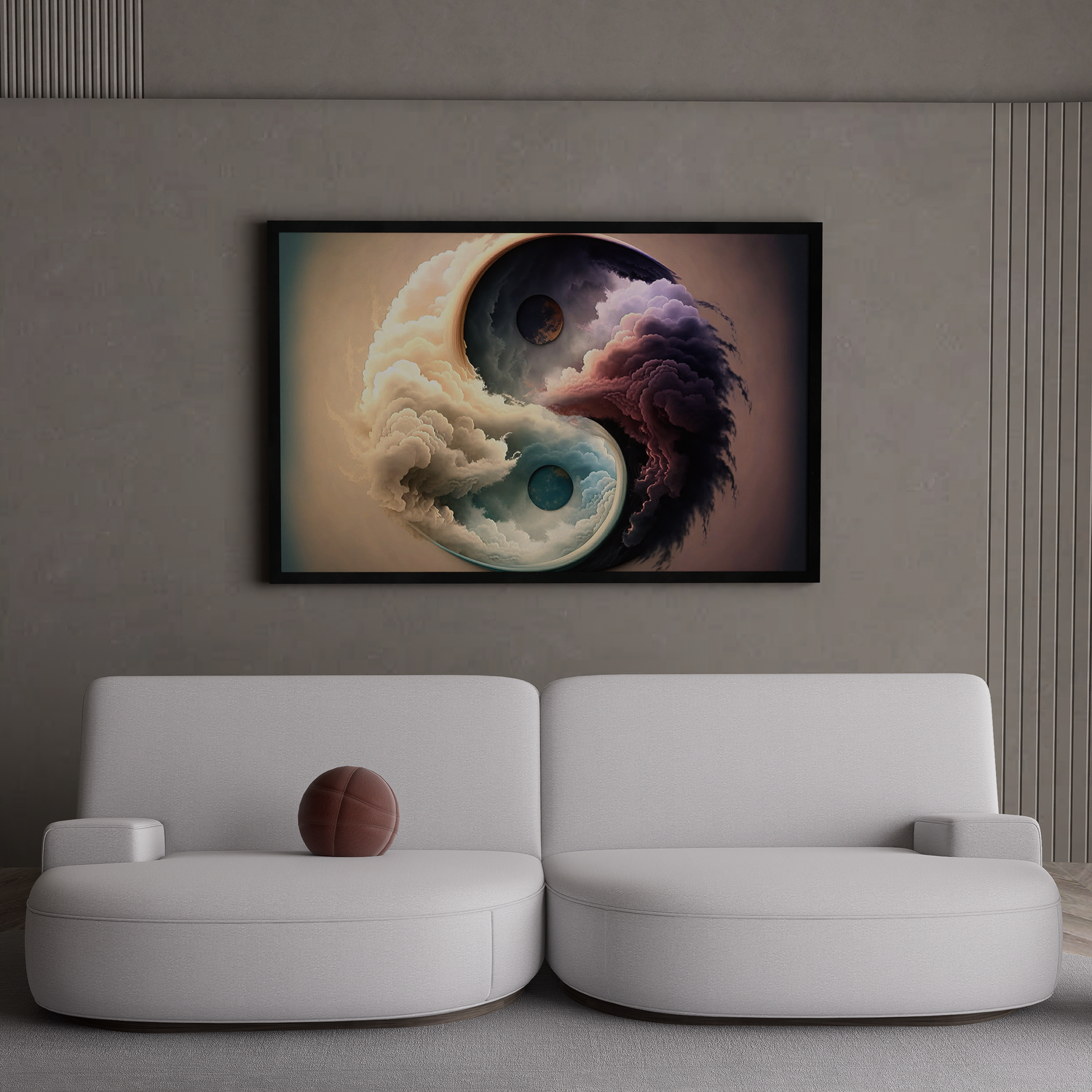 Abstract Yin and Yang art on canvas, depicting the yin and yang symbol with flowing clouds and celestial orbs, representing zen meditation.