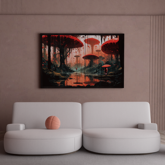 Surreal fantasy landscape art on canvas featuring vibrant, colorful mushrooms in a whimsical setting.