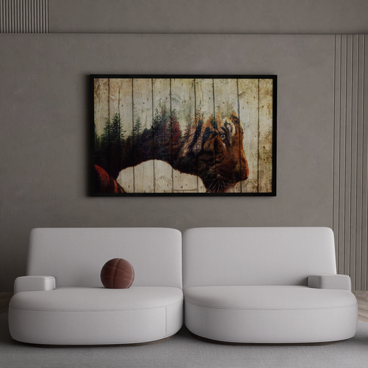 Double exposure tiger wall art canvas featuring an intense staring tiger merged with a forest landscape, animal canvas print, jungle wall decor.