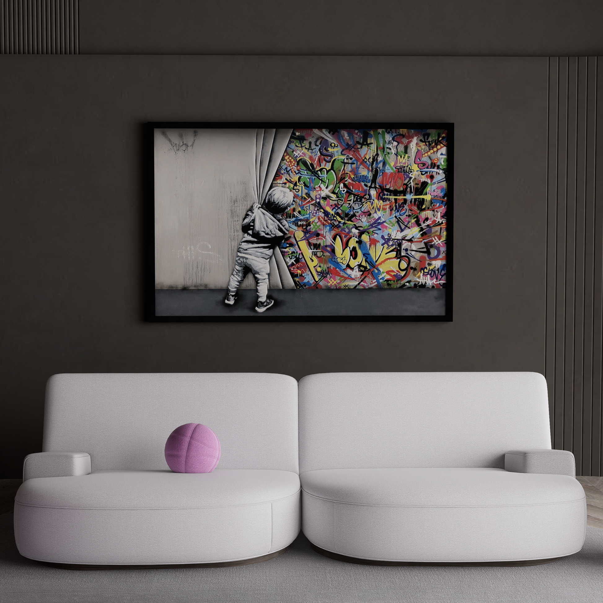 Banksy style graffiti art canvas depicting a child pulling back a curtain to reveal vibrant graffiti art drawings on a wall.