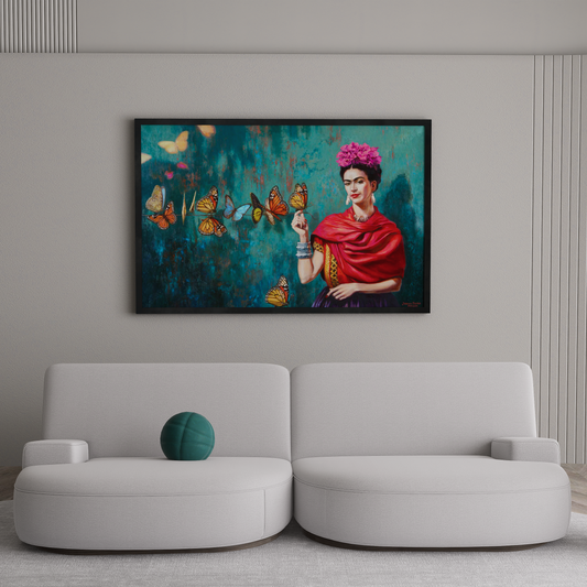 Frida Kahlo art prints: Close-up portrait, artwork 344/2018, showcasing her famous art style. This Frida Kahlo wall art piece is perfect for fans of Frida Kahlo paintings and art Frida. Shop Frida Kahlo poster art.