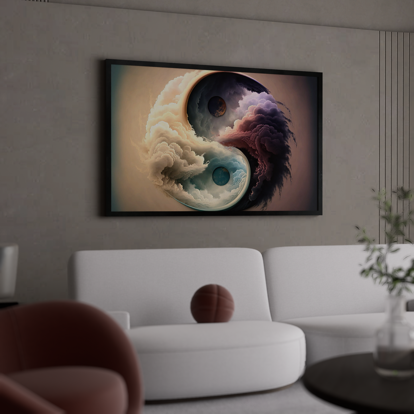 Abstract Yin and Yang art on canvas, depicting the yin and yang symbol with flowing clouds and celestial orbs, representing zen meditation.