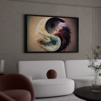 Abstract Yin and Yang art on canvas, depicting the yin and yang symbol with flowing clouds and celestial orbs, representing zen meditation.