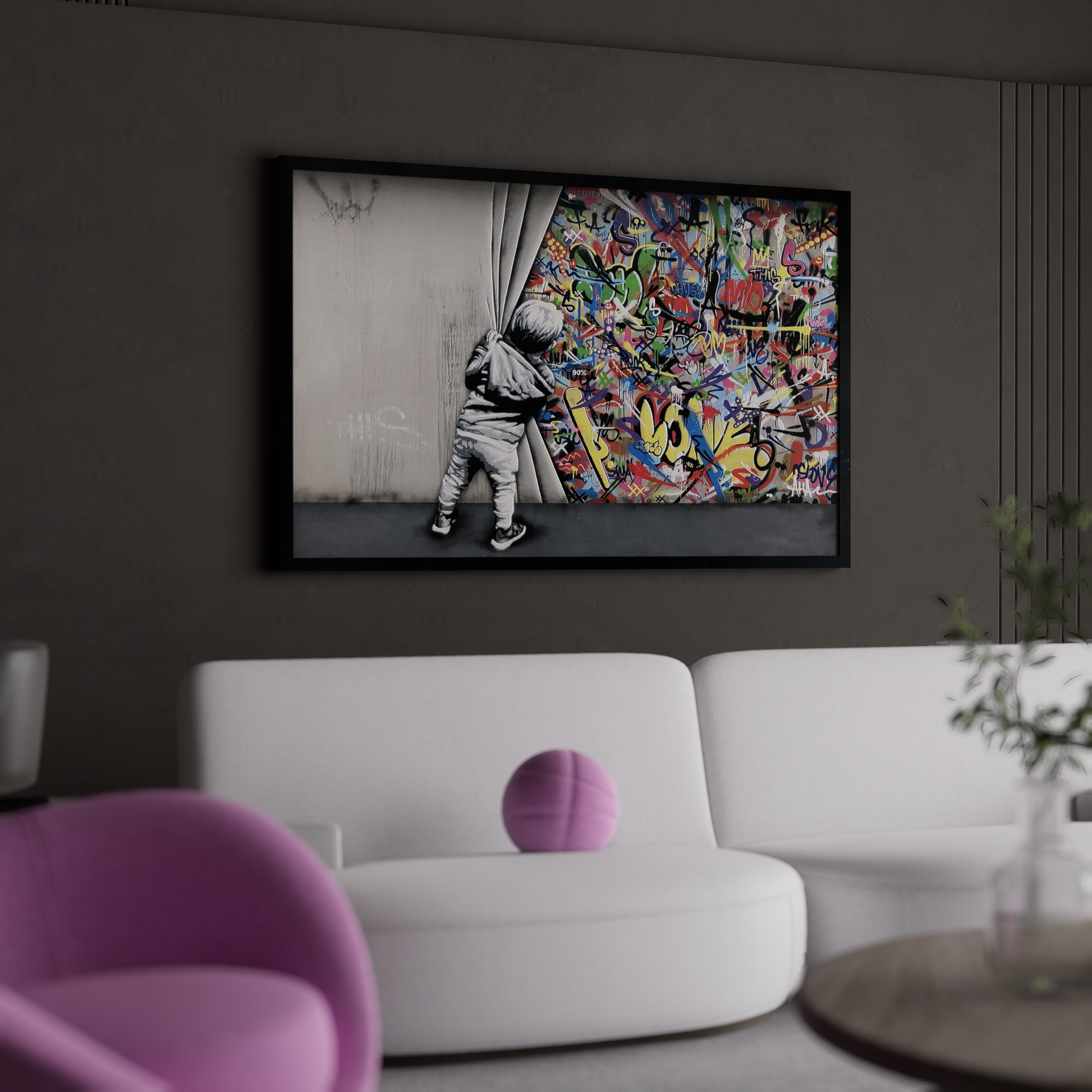 Banksy style graffiti art canvas depicting a child pulling back a curtain to reveal vibrant graffiti art drawings on a wall.