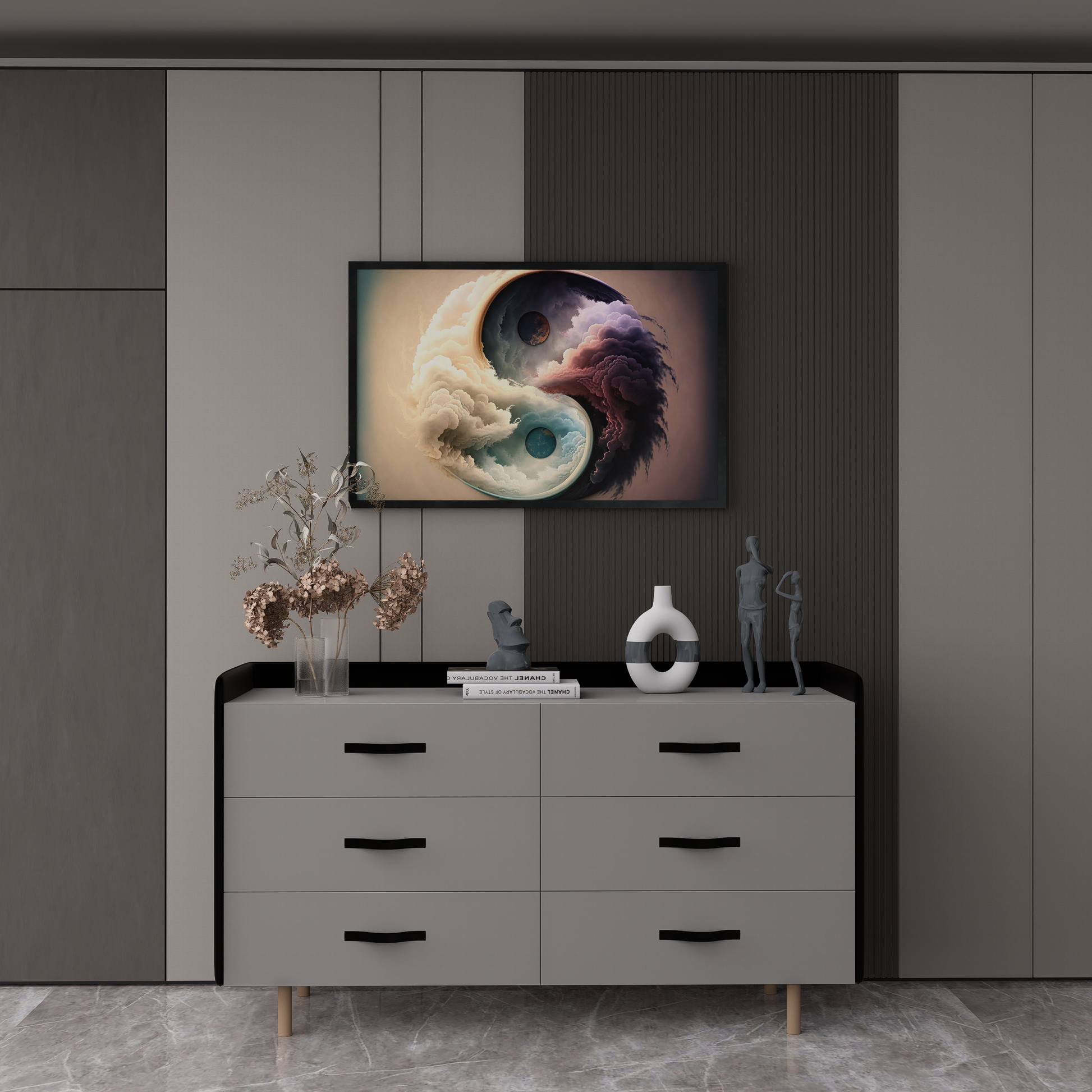 Abstract Yin and Yang art on canvas, depicting the yin and yang symbol with flowing clouds and celestial orbs, representing zen meditation.