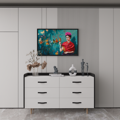 Frida Kahlo art prints: Close-up portrait, artwork 344/2018, showcasing her famous art style. This Frida Kahlo wall art piece is perfect for fans of Frida Kahlo paintings and art Frida. Shop Frida Kahlo poster art.