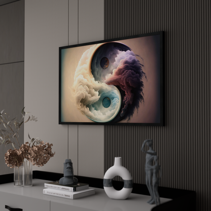 Abstract Yin and Yang art on canvas, depicting the yin and yang symbol with flowing clouds and celestial orbs, representing zen meditation.