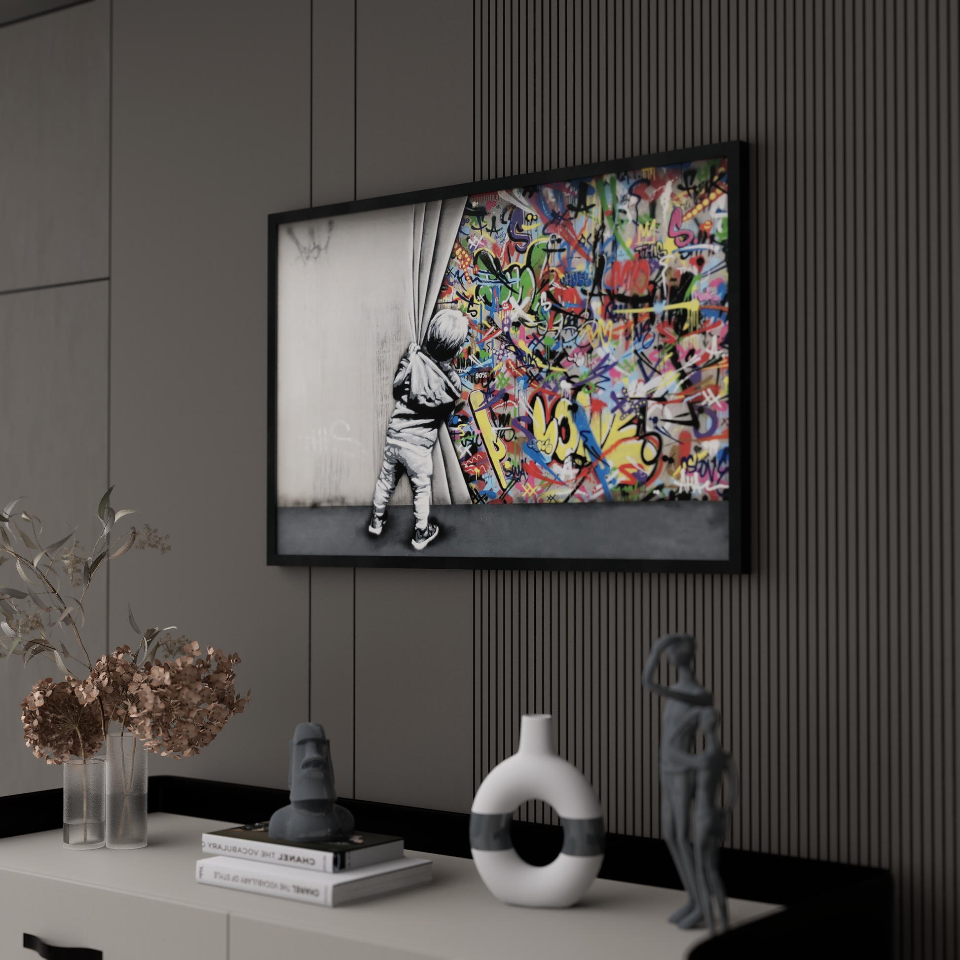 Banksy style graffiti art canvas depicting a child pulling back a curtain to reveal vibrant graffiti art drawings on a wall.