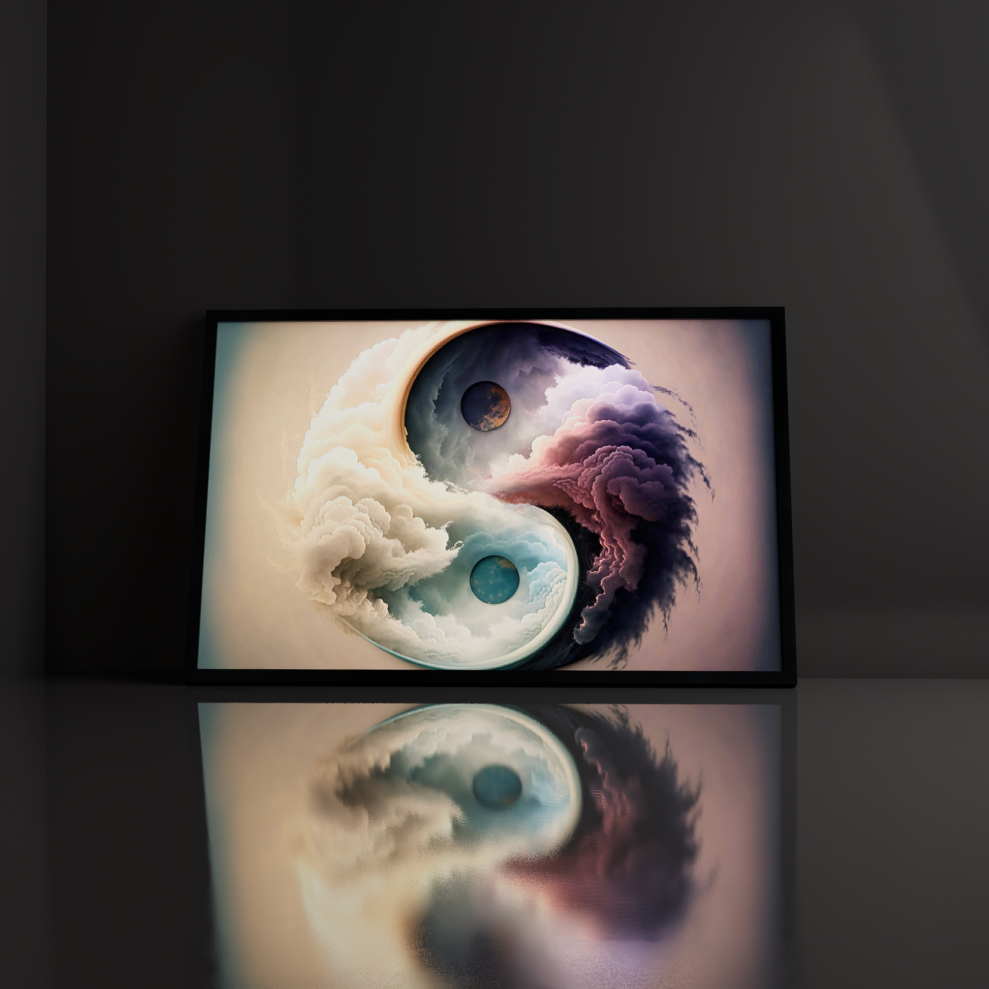 Abstract Yin and Yang art on canvas, depicting the yin and yang symbol with flowing clouds and celestial orbs, representing zen meditation.