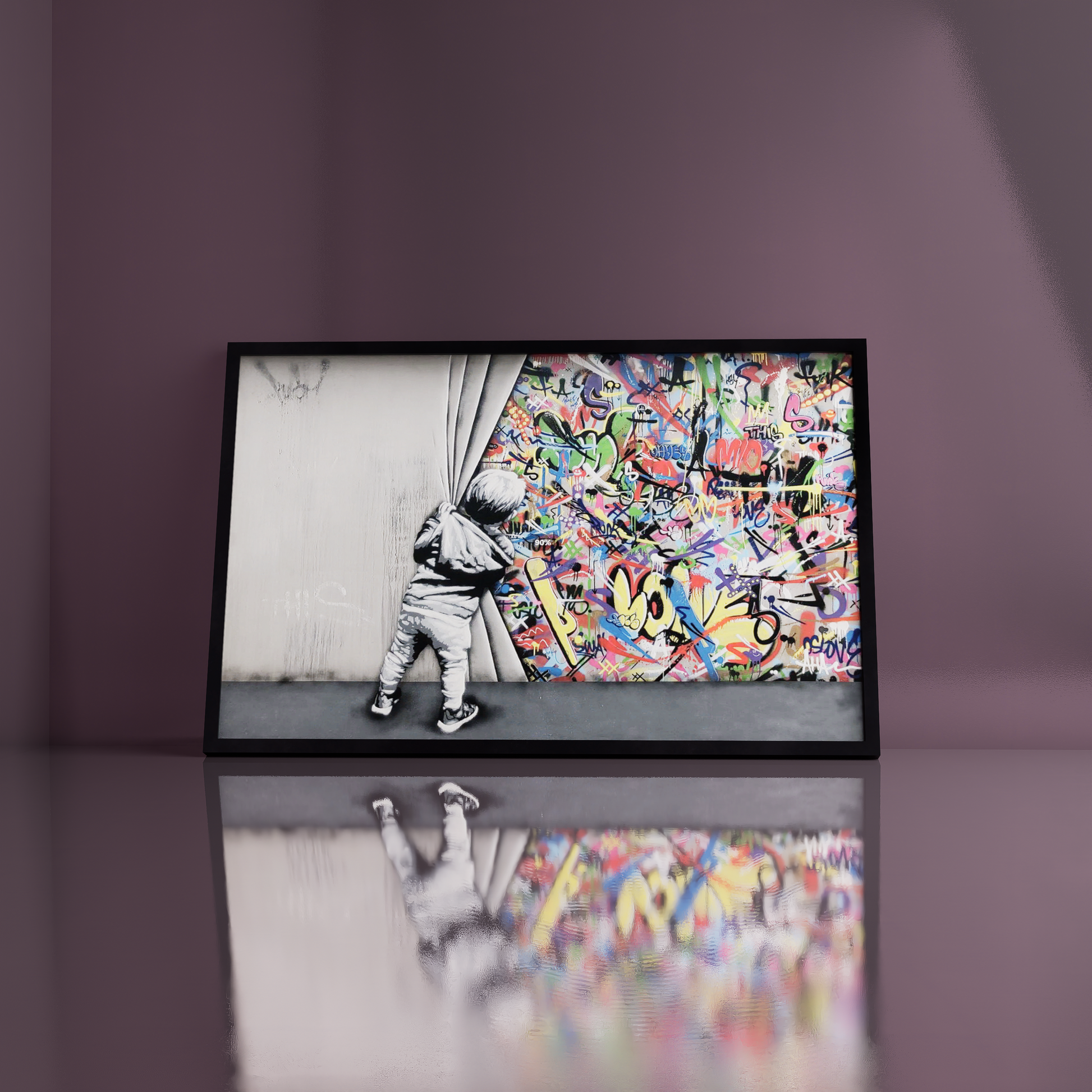 Banksy style graffiti art canvas depicting a child pulling back a curtain to reveal vibrant graffiti art drawings on a wall.