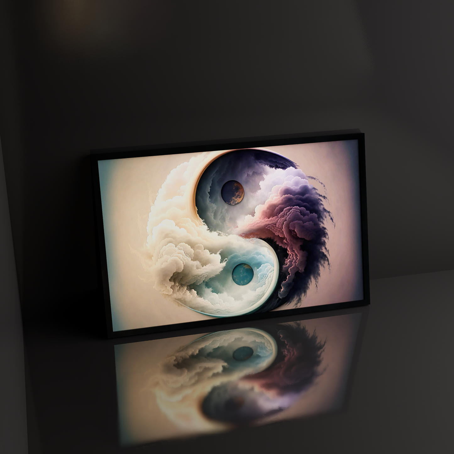 Abstract Yin and Yang art on canvas, depicting the yin and yang symbol with flowing clouds and celestial orbs, representing zen meditation.