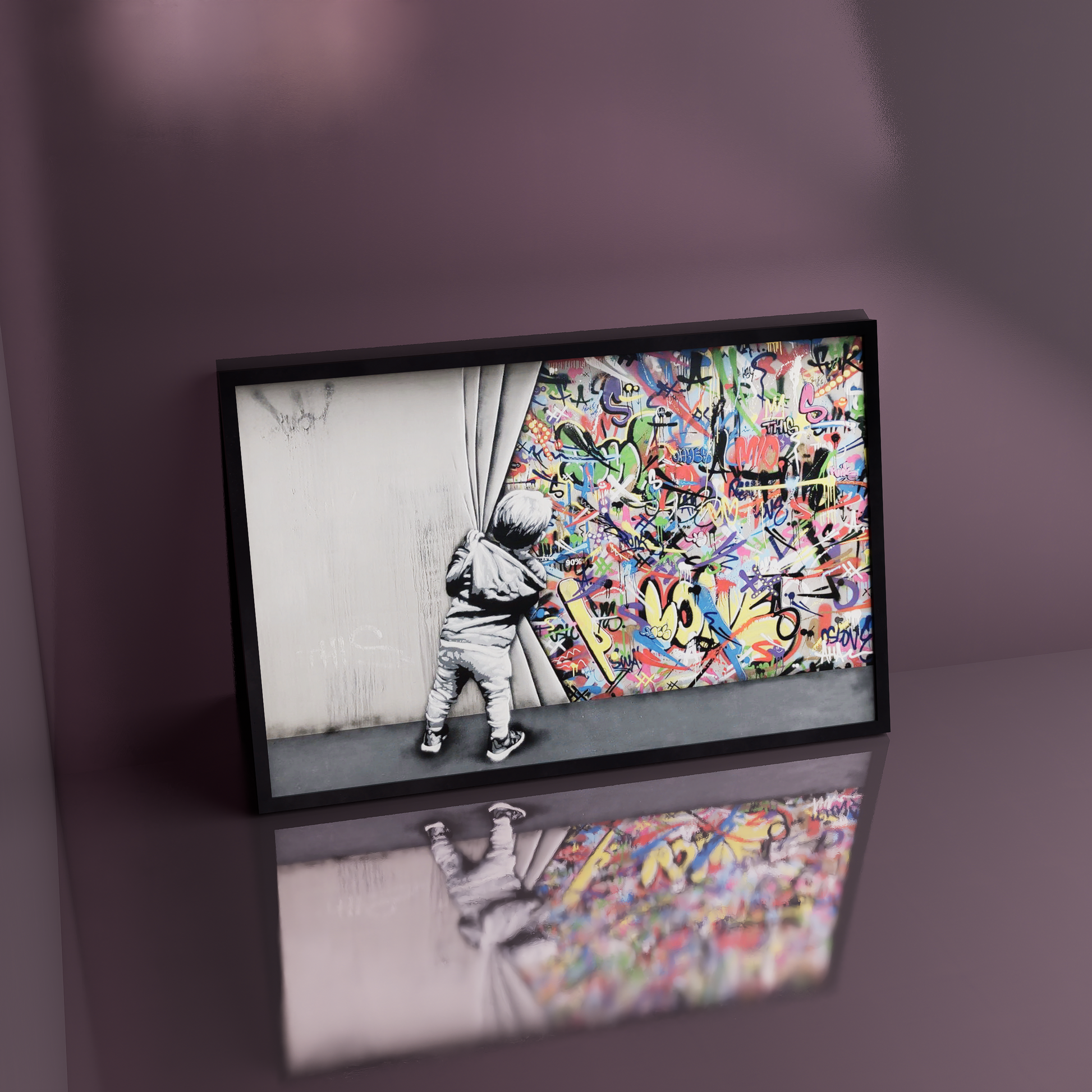 Banksy style graffiti art canvas depicting a child pulling back a curtain to reveal vibrant graffiti art drawings on a wall.