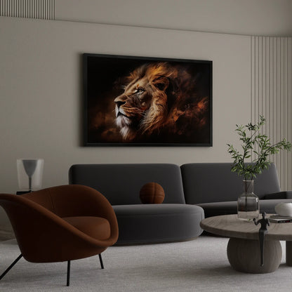Modern living room with a large framed painting of a lion on the wall.