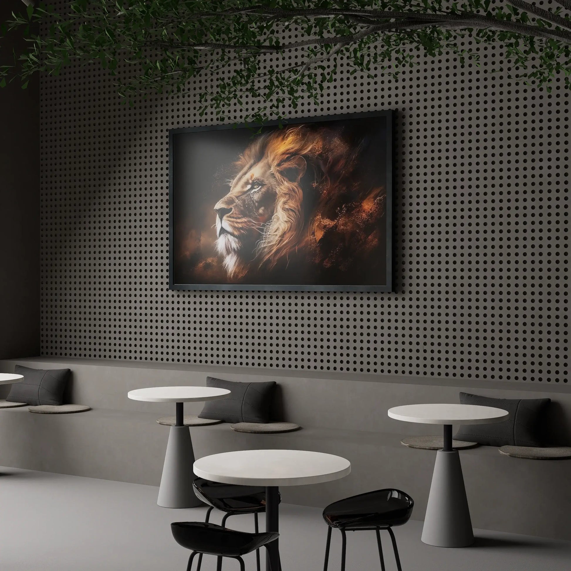 Modern interior with a lion painting on the wall