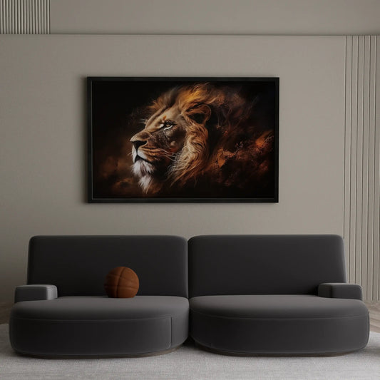Framed artwork of a lion on a wall above a gray sofa.