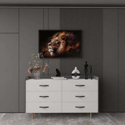White dresser with decorative items against a dark wall with a framed lion painting.