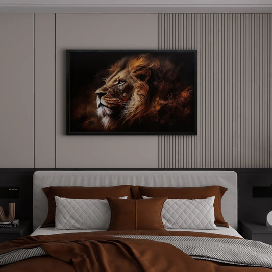 Bedroom with a large framed picture of a lion on the wall.