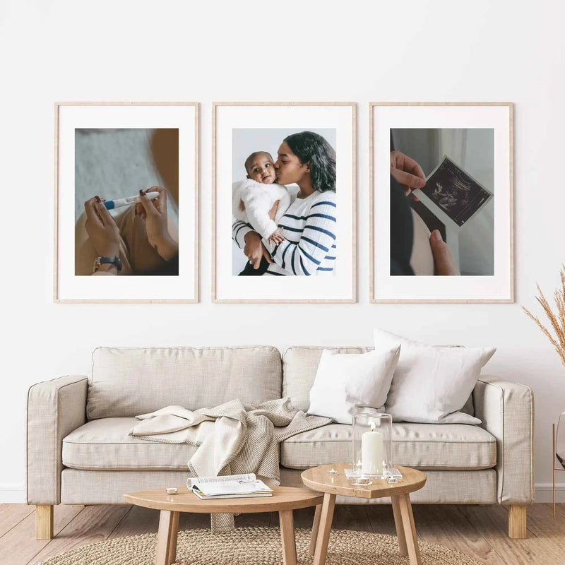 Personalised photo canvas set of 3 panels displayed on living room wall – custom wall art unframed