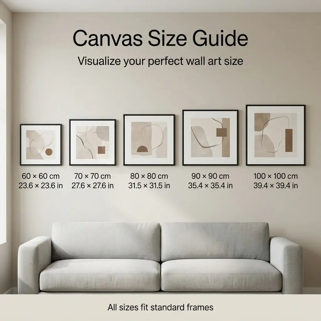 Luxury canvas wall art size guide displayed on a modern living room wall showing square rolled canvas sizes from 60x60 cm to 100x100 cm with measurements in centimeters and inches for easy visual comparison.